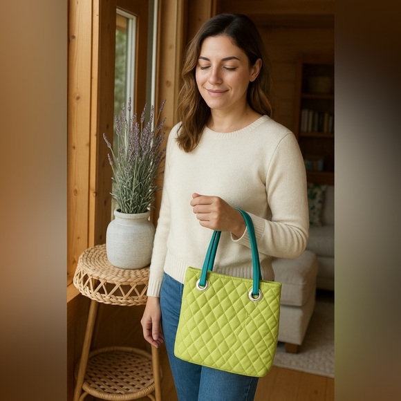 Vera Bradley  CRABTREE & EVELYN Tote Purse Quilted Key Lime Green & Turquoise - Picture 1 of 6